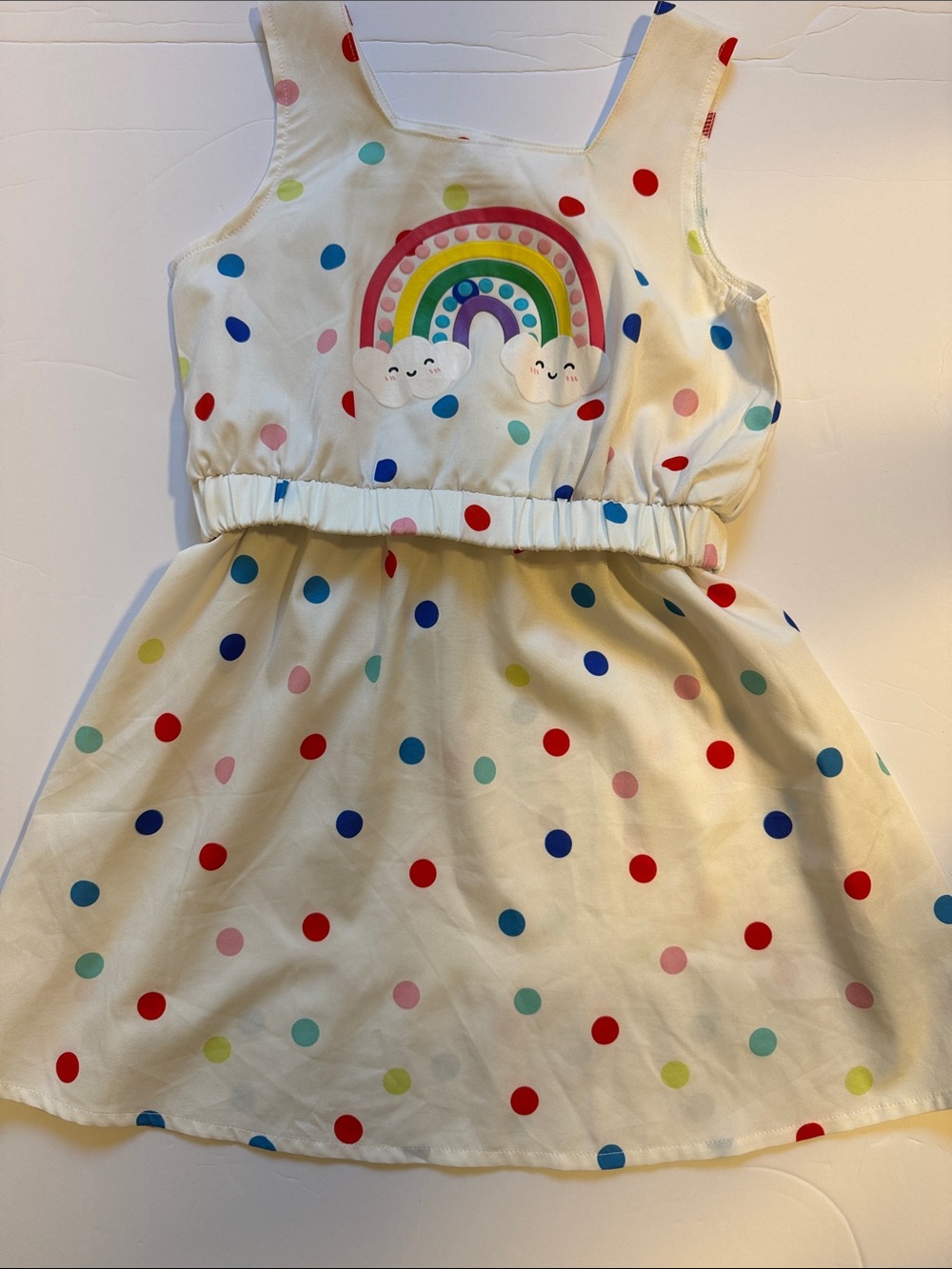 Kids Rainbow Polka Dot Dress with Smiling Clouds